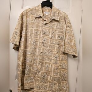VINTAGE Pierre Cardin Hawaiian Shirt Beige Palm  S. Sleeve Men’s  Large Cotton